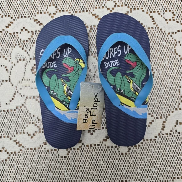 2pk NWT Boy's Flip Flops Sharks & Dinosaur Surfs Up Dude Sandals Shoes S 11 / 12 - Picture 4 of 6